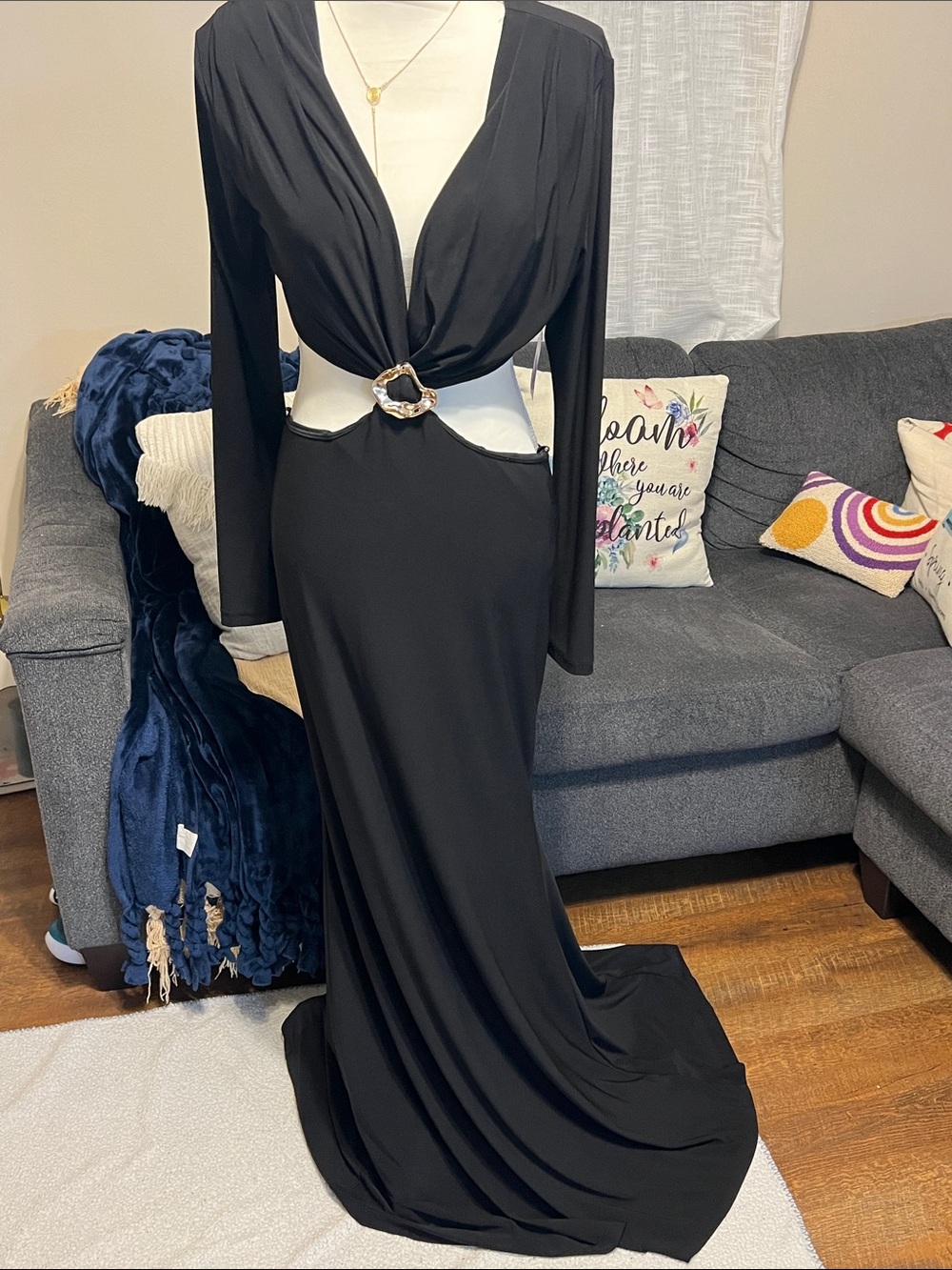 Windsor Black Long-Sleeve Cutout Evening Gown with Gold Accent